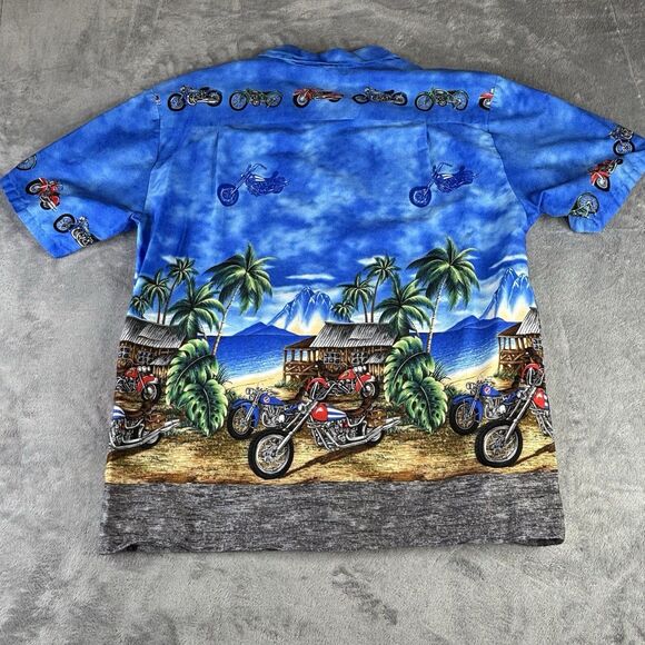 Vintage KY's Hawaiian Shirt Men's L‎ Motorcycle Ocean Mountain Beach Hut Scene - Picture 5 of 15